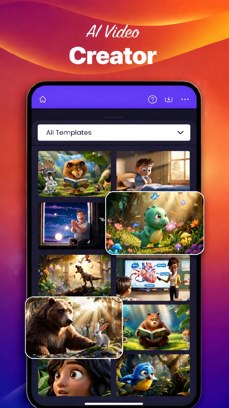 Animaker App 的视频模板库和模板分类菜单