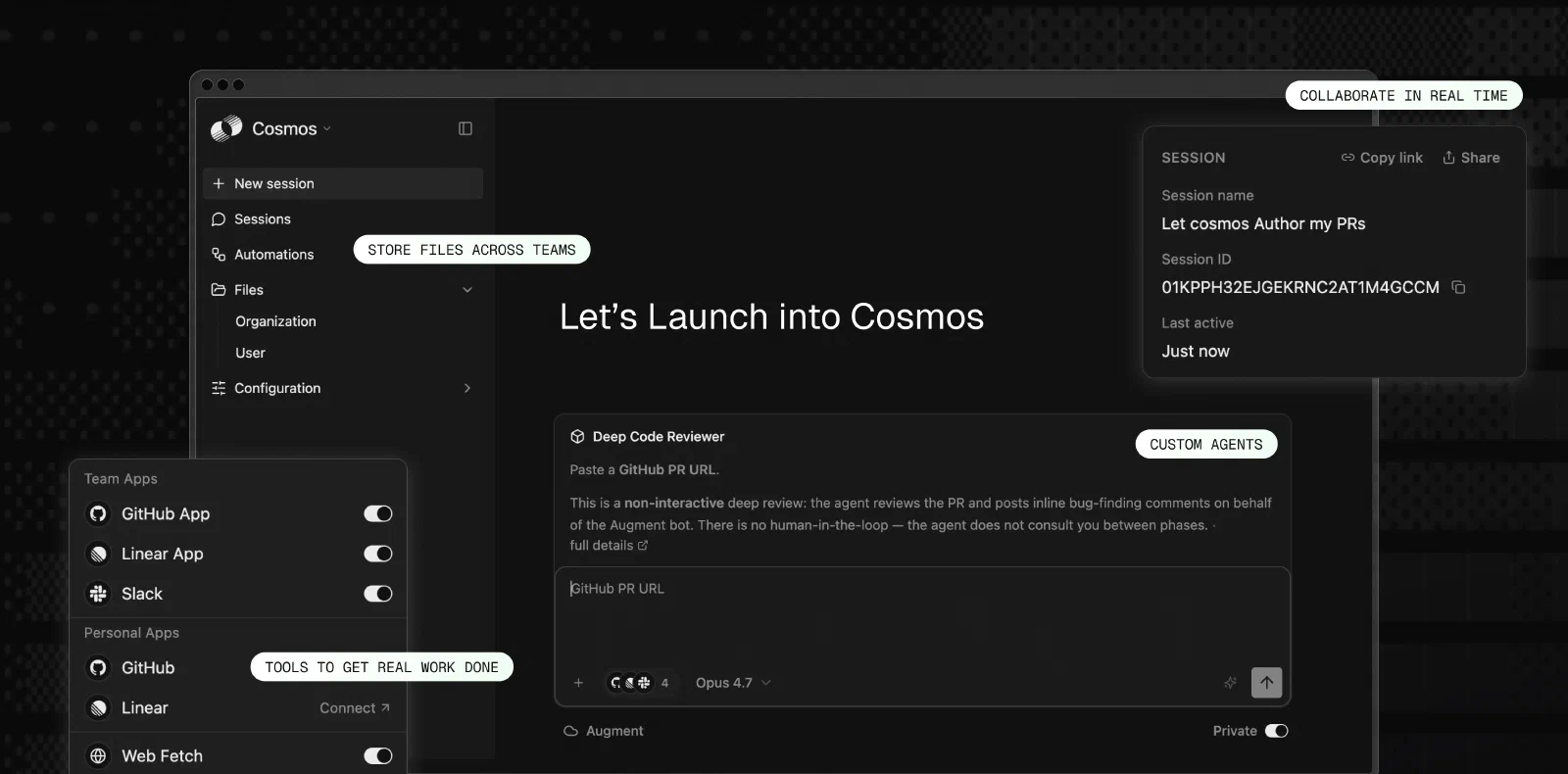 Augment Cosmos 的会话、工具连接和任务输入