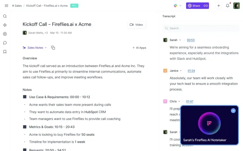 Fireflies.ai 会议纪要与逐字稿并排查看