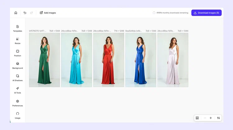 Photoroom 批量编辑器中并列的商品图、调整侧栏和批量下载按钮