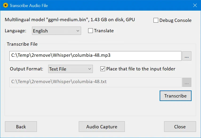Whisper Desktop 音频文件转写设置窗口