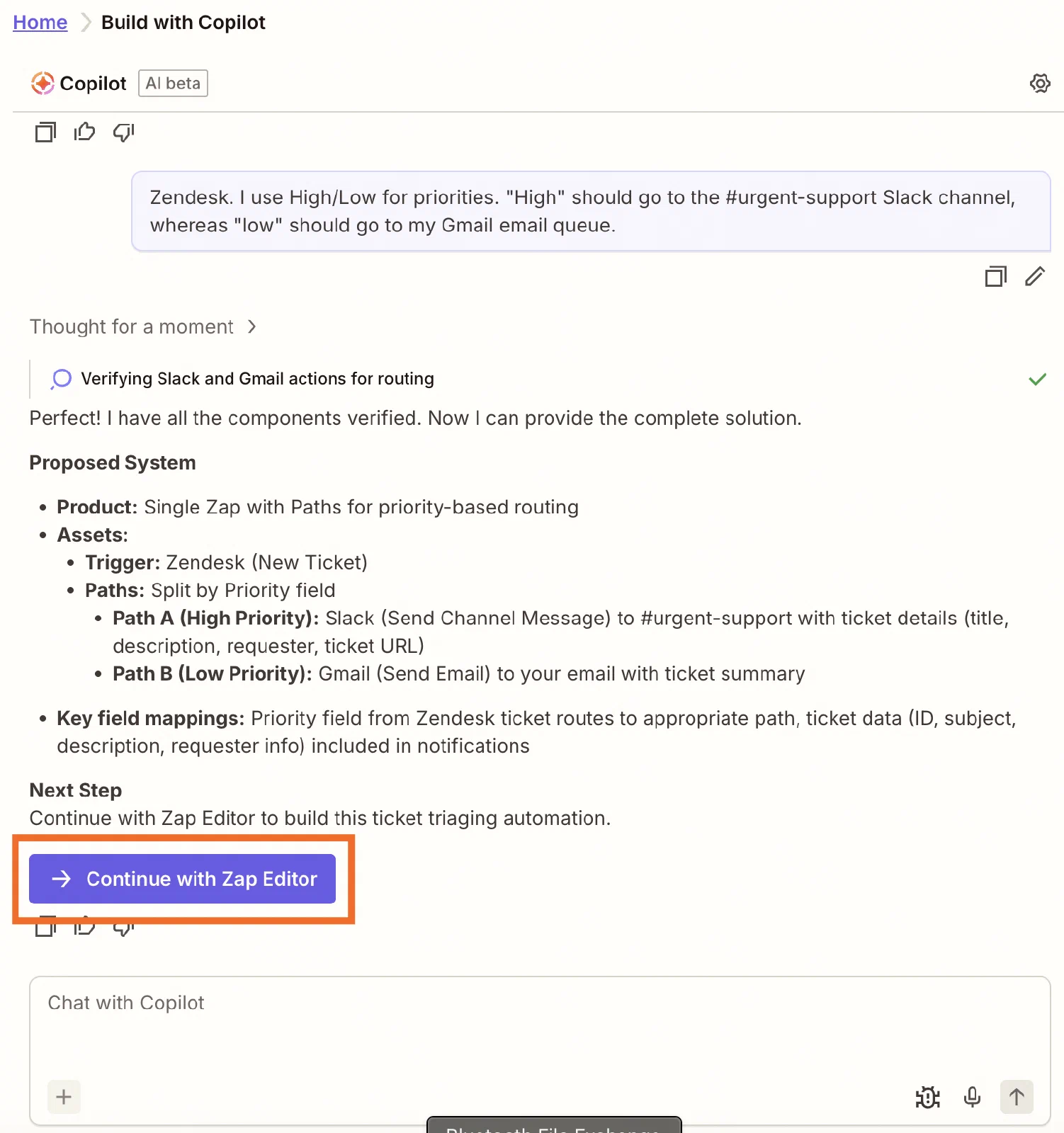 Zapier Copilot 的需求、建议步骤和进入编辑器按钮