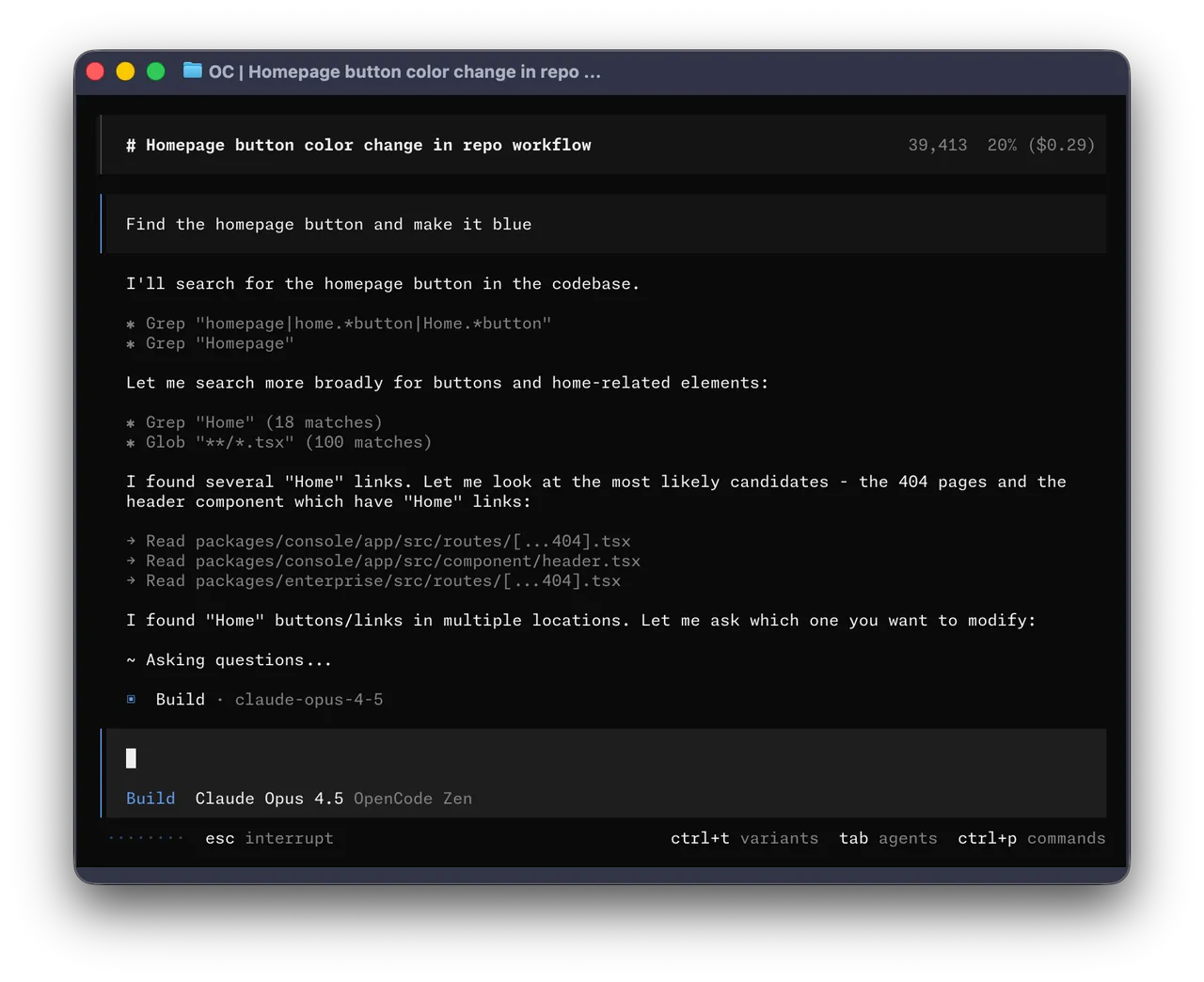 OpenCode 终端中的代码搜索、任务提问和模型状态栏